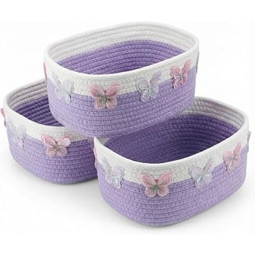 Geelin 3 Pcs Purple Baskets for Gift Cute Butterfly Woven Rope Gift Baskets Rectangle Shelf Organizer Laundry Hamper Storage Bins for Closet Bedroom Decor Nursery Toys Organizing, 11.8''x7.8''x4.7''