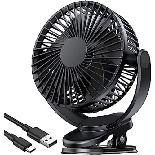 ATEngeus Rechargeable Clip-on USB Desk Fan, 3 Speeds, 5000mAh Battery, 720Rotation, Sturdy Clamp for Home, Camping, Treadmill and Car