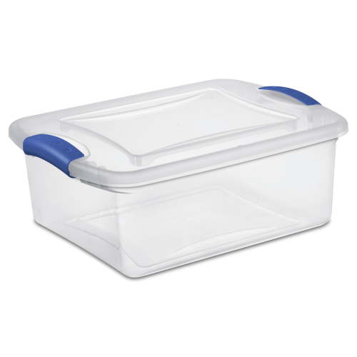 Sterilite 15 Quart Storage Container, Clear Plastic Latch Box with Blue Latches