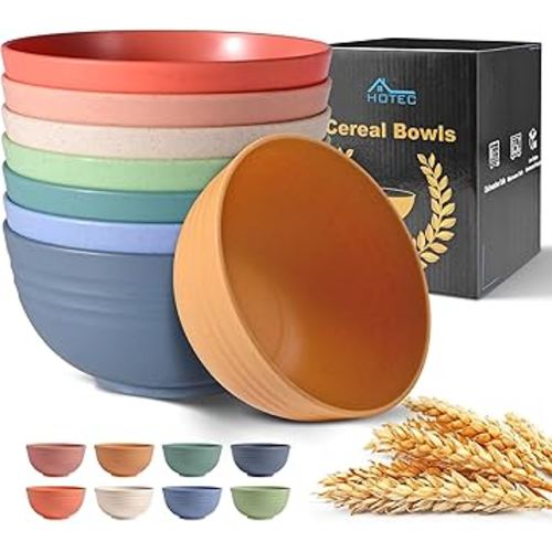 HOTEC BPA Free Unbreakable Wheat Straw Cereal Bowls - Microwave & Dishwasher Safe Soup and Salad Bowls, Set of 8, 26oz, Multicolor