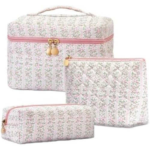 3Pcs Quilted Pink Floral Makeup Bag Cosmetic Bag for Women Teen Girls,Cute Flowers Make Up Bags,Aesthetic Large Cotton Cosmetic Pouch,Flower Coquette Travel Toiletry Organizer Storage Bag