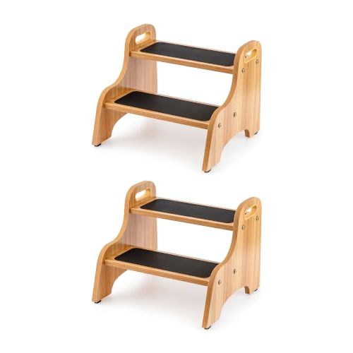 StrongTek Wooden 2 Step Stool, 350 lb Capacity, Non-Slip, 2 Pack | Wide Non-Slip Steps, Built-In Handles, Stable Support for Sink, Potty Training, Kitchen, Bathroom and Bedside