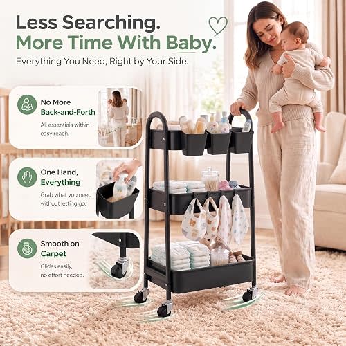 Beige 3 Tier Rolling Cart Metal on Wheels, Three Tiered Storage Organizer Utility Trolley with Wheels for Art, Craft, Baby Diaper Caddy, Snack, Book, Nail, Lash, Cleaning Supplies, Kitchen, Bathroom