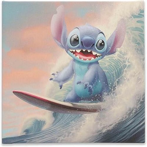 Open Road Brands Disney Lilo and Stitch Surfing Gallery Wrapped Canvas Wall Decor - Fun Stitch Wall Art for Home