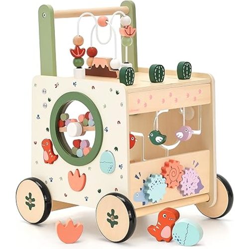 Wooden Baby Push Walker, 6-in-1 Montessori Activity Center for Toddlers, Adjustable Speed Dinosaur Walker with Brake & Shape Sorter, Natural Solid Wood Learning Toy for Boys Girls 12M+