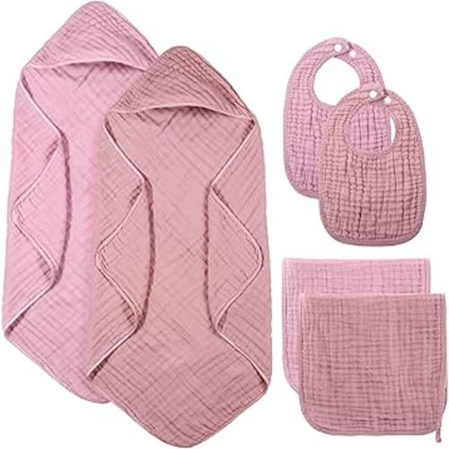 6 Pcs Muslin Hooded Bath Towels Washcloths and Bibs Set, Muslin Cotton Baby Towels Absorbent Hooded Blanket Towel Infant Bibs for Boys Girls Newborn Infant Essentials(Pink,Rose)