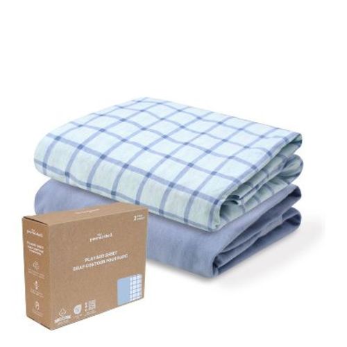 The Peanutshell Blue Windowpane, Solid Organic Cotton Playard Sheets for Baby Boys, 2 Pack