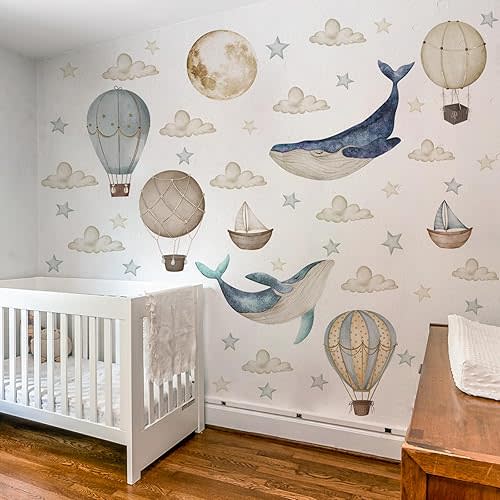 Whale Balloon Wall Decals - Dreamy Sky & Sea Adventure Stickers, Whale, Moon,Balloon, Boat, Clouds, Stars - Removable Wall Decor for Nursery, Kids' Room, Classroom & Celestial Themed Decor