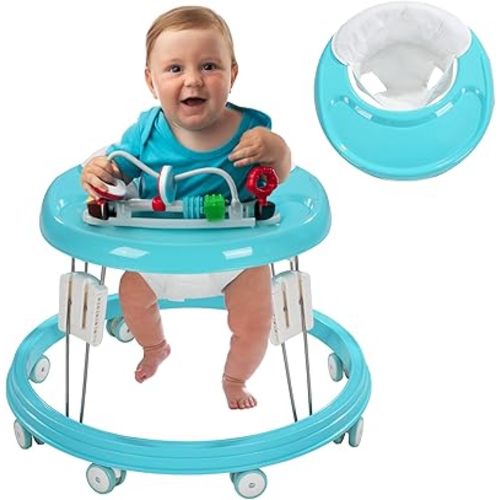 Adjustable Baby Walkers for Baby with Easy Clean Tray, Universal Wheeled Walker, Anti-Rollover Folding Walker for Girls Boys 6-18Months Toddler (Blue)
