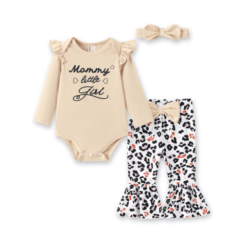 PatPat Baby Girl Winter Clothes Long Sleeve Romper Leopard Bell Bottom Pants Headband Outfit Set 3-6 Months