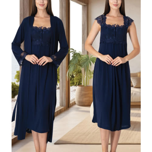 Lace Shoulder Maternity-Nursing Nightgown & Robe Set Navy Blue - 2302
