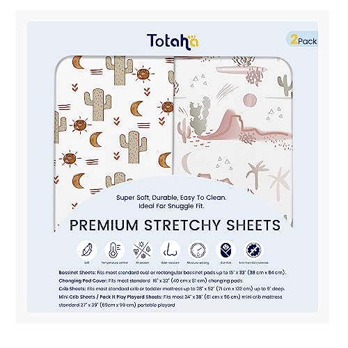 TotAha Premium Stretchy Cactus Bassinet Sheets for Baby Girl, Hypoallergenic, Buttery Soft, Silky Comfort Cradle Sheets Fitted 18 x 36 for Oval, Rectangular, Hourglass Mattress, 2-Pack