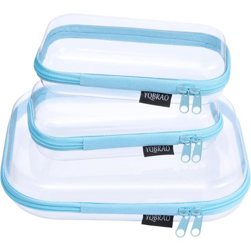 YQBRAO 3-Pack Clear Hard Shell Zipper Case - Blue Edition, 1.2mm Heavy-Duty Crush-Proof Travel Makeup Bag, TSA Approved Clear Zipper Pouches, Rigid Diaper Bag Organizer for Tech & Daily Essentials