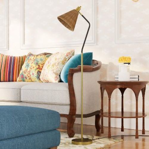 Maxax 62" Boho Rattan Floor Lamp for Living Room, Farmhouse Arc Standing Lamp for Bedroom Office