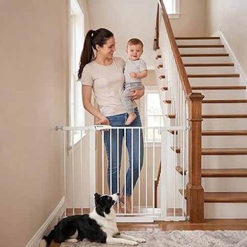 Mumeasy 29.6-46" Baby Gate for Stairs, Pressure Mounted Dog Gate for Doorways, Auto Close Pet Gate for Indoor Use, Extra Wide Child Gate with Walk Thru Door White, Mom's Choice Awards Winner