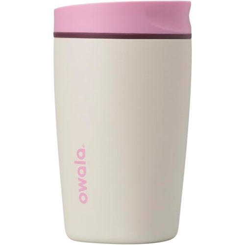 Owala SmoothSip Slider Insulated Stainless Steel Coffee Tumbler, Reusable Iced Coffee Cup, Hot Coffee Travel Mug, BPA Free 12 oz, Pink/Tan (Daybreak)