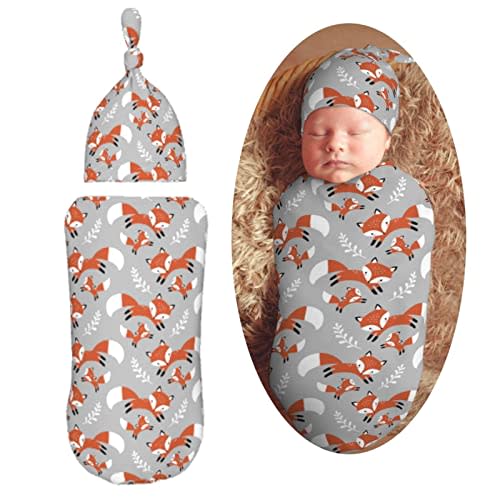 Muishi Cute Foxes Leaves Gray Newborn Swaddle Blankets Hat Sets Soft Baby Receiving Blanket Swaddle Sack for Baby Shower Infant Boy Girl Gift
