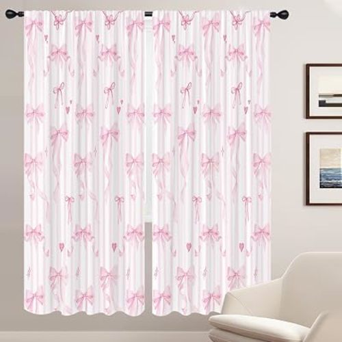 Coxila Pink Bow Window Curtain for Bedroom 52 x 84 Inch Rod Pocket Cute Girly Girls Kawaii Princess Pastel Design Romantic Beauty Aesthetic Home Living Room Treatment Set of 2 Curtain Panels Drapes