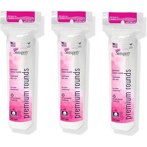 Swisspers Premium Cotton Rounds - 100% Chlorine Free Cotton Face Pads for Makeup, Nail Polish Removal - Dermatologist Tested and Hypoallergenic, Made in USA - 100 Pads (Pack of 3)