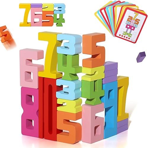 BESTAMTOY 20PCS Montessori Inspired Wooden Number Building Blocks-Wooden Blocks for 3+ Years Old Kids 1-10 Number Game Balance Competition Toy – Unlock Your Kids Potential