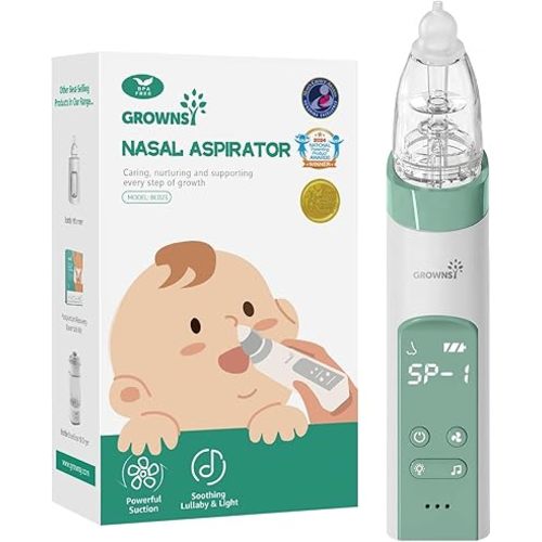 GROWNSY Nasal Aspirator for Baby, Electric Nose Aspirator for Toddler, Baby Nose Sucker, Automatic Nose Cleaner with 3 Silicone Tips, Adjustable Suctions, Music and Light Soothing Function (Green)
