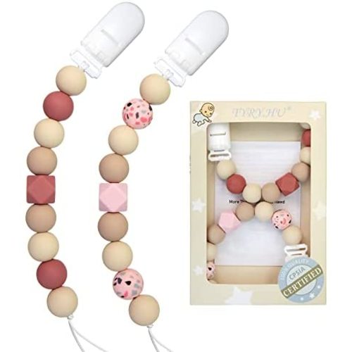 TYRY.HU Pacifier Clip Boys Girls Silicone Teething Beads Paci Holder Soothie Binkie Clips Teether Toy Baby Birthday Christmas Day (Leopard Pink)