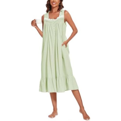 AVIIER 100% Cotton Nightgowns for Women Sleeveless Sleep Dress Ladies Gowns Sleepwear with Pockets