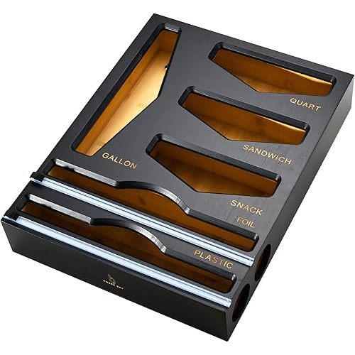 Cozee Bay Bamboo Food Bag Organizer with Foil and Plastic Wrap Organizer, Kitchen Drawer Organizer, Wrap Dispenser with Cutter, for Gallon, Quart, Sandwich, Snack Bags and 12" Roll (Black)