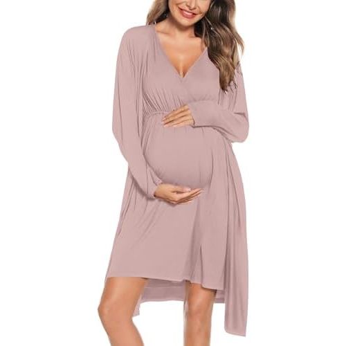SWOMOG Women Maternity Nursing Gown and Robe Set 3 in 1 Labor Delivery Nursing Nightgown for Breastfeeding Hospital Bathrobe