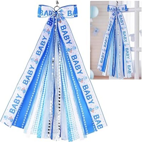 Baby Boy Welcome Home Wreath Bow, 27.5" Large Blue 11-Layer Ribbon Door Hanger with Metal Clip for Front Door Baby Shower Nursery Decor