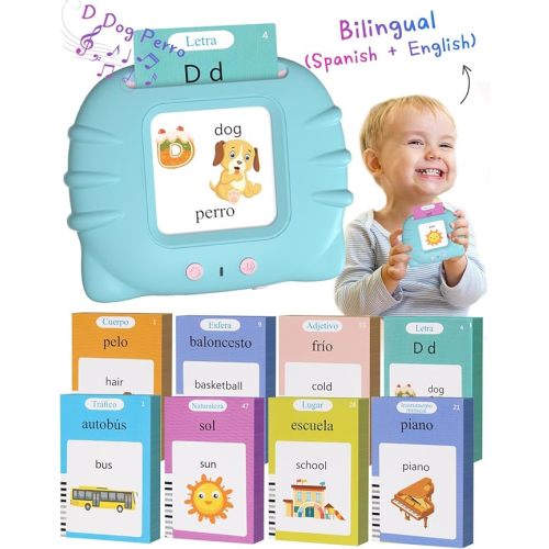 510 Words Spanish English Bilingual Talking Flash Cards for Toddlers 1-3, Pocket Speech Learning Montessori Toys for Kids, Sensory Therapy Preschool Educational Christmas Birthday Gifts for Boys Girls