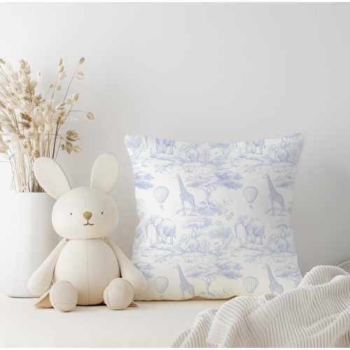 Chinoiserie Toile de Jouy Safari - BLUE Pillow, kids square throw pillow decor, Children's Room Decor, Cotbed bedding, Hot air balloon