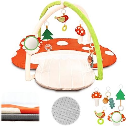 Baby Play Gym, 7-in-1 Thickened and Larger Activity Mat, Washable Baby Play Mat with Non Slip Bottom, Tummy Time Mat with 5 Detachable Toys for Motor Skills, Easy to Store - Mushroom