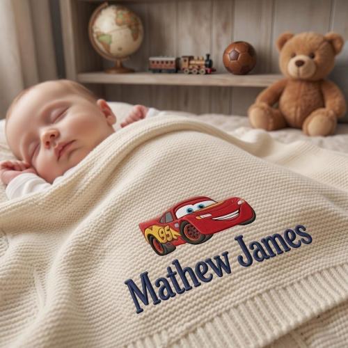 Personalized Embroidered Lightning McQueen Baby Blanket, Custom Name Knit Disney Cars Blanket, Baby Shower Gift, Welcome Baby Blanket