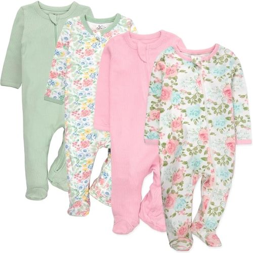 Baby Essentials Baby Girls 4 Piece Outfit Set – Footie Sleepwear Pajama Bodysuits – Spring & Summer Baby Clothes Gift Set