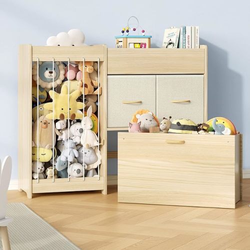 EXPERLAM Toy Storage Organizer with Stuffed Animal Holder, Solid Wood Kids Toy Shelf with 2 Drawers, Rolling Toy Chest and Top Rack, Plush Toy Storage for Bedroom, Playroom, Nursery