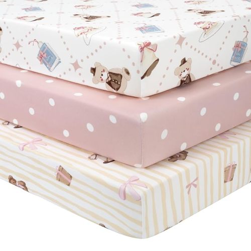 Baby Crib Sheets Girl, 3 Pack Toddler Bed Sheets Fitted for 52”x28” Standard Crib and Toddler Mattresses, Super Soft Microfiber Pink Bear