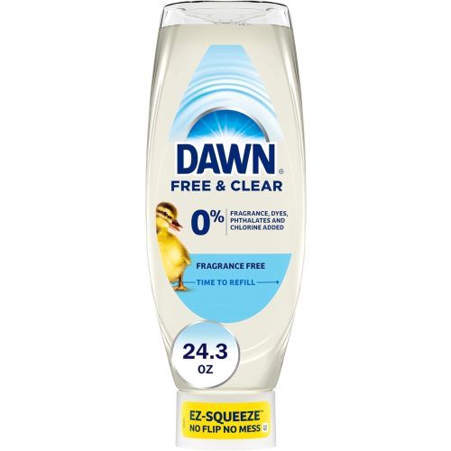Dawn Free & Clear EZ-Squeeze Dish Soap Liquid, Dishwashing Liquid, Grease Removal, Upside Down Bottle, Unscented, 24.3 Fl Oz