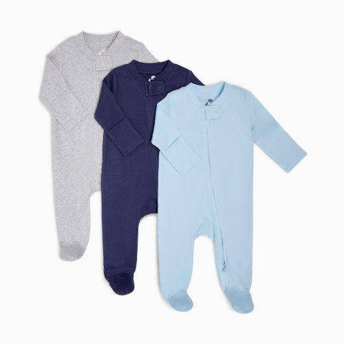 Small Story Organic Cotton Solid Zipper Footie (3 Pack) - Heather Gray, Navy, Light Blue, 0-3 M