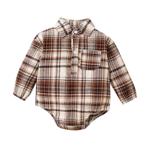 KAOOCXU New Summer Onesie For Boys Plaid Printed Long Sleeve Turndown Collar 2 Button Up Romper Newborn Jumpsuit With Pocket For 0-2 Years Relaxed Fit Trendy Wear