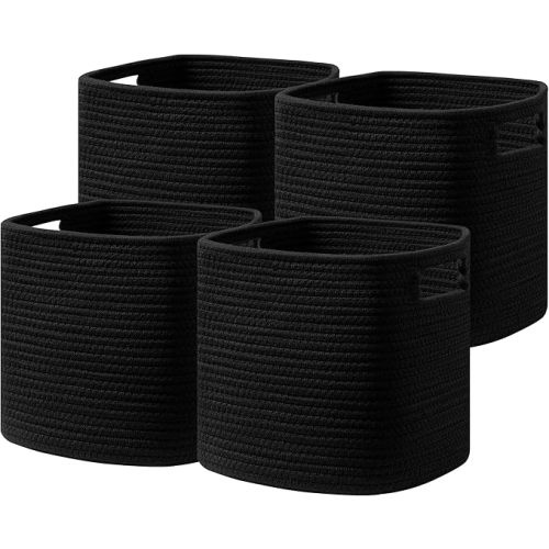 UBBCARE Set of 4 Storage Basket-13 X 13 X 13 in, Cotton Rope Basket for Shelves, Toys, Book, Cube Storage Bins with Handles, Woven Storage Basket for Organizing, Black