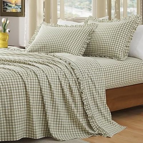 KKJIAF 3 Pieces Plaid Ruffle Twin Bed Sheets, Cotton Gingham Twin Sheet Set Linen Feel Comfy Breathable Ruffed Bed Sheet Set with 16 Inch Deep Pocket, Sage Green