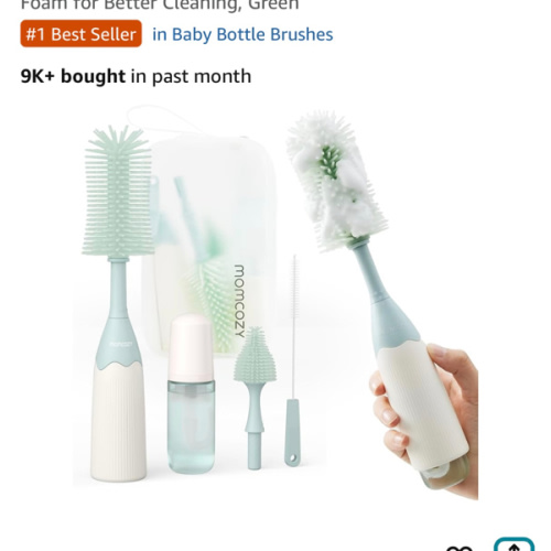 Momcozy Bottle Brush Kit, Innovative Push-Press Design for Better Cleaning - Baby Bottle Cleaner Brush for Baby Bottle, Breast Pumps, Nipples, and More - Can Generate Foam for Better Cleaning, Green