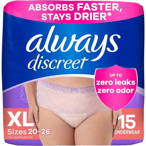 Always Discreet Adult Diapers for Women, Incontinence Underwear, Postpartum Essentials, Disposable Briefs, Max Absorbency, Bladder Leak Protection, Extra Large/XL, 15ct