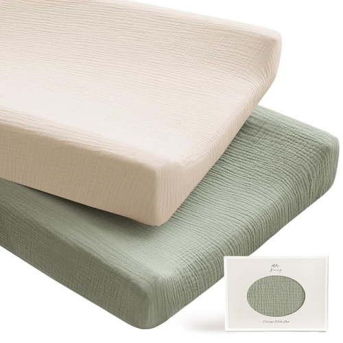 2 Pack Muslin Changing Pad Covers for Boys, Ultra Soft & Breathable Cotton Baby Diaper Changing Table Covers, Neutral Nursery Diaper Changing Pad Sheets (Fog Green,Cream)