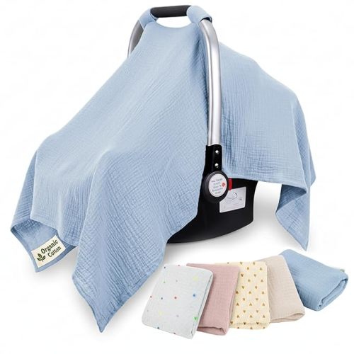 100% Organic Muslin Cotton Car Seat Cover 35 x 50 Inches Soft Touch Breathable Canopy, Protective Car Seat Cover Baby All Seasons Lightweight Car Seat Cover Travel Comfort (Blue)