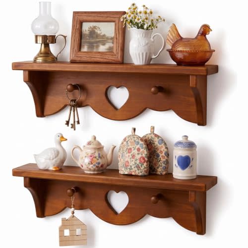 80s Vintage Heart Shelf Set of 2, Solid Pine Wood Wooden Floating Shelves with Peg Hooks, Cottage Core Decor Vintage Wall Heart Cutout Shelves for Living Room Bedroom, No Assembly Needed