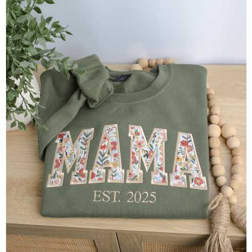 Custom Mama Floral Embroidered Sweatshirt, Gift for Mom, Mother's Day, Gildan Military Green