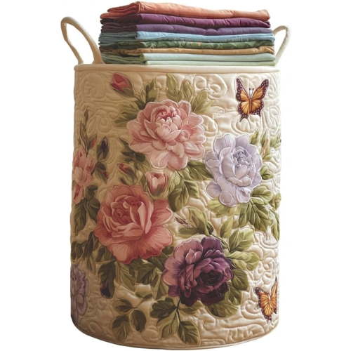 Quilted Laundry Basket Boho Fabric Floral Storage Hamper for Nursery Bedroom Laundry Room Clothes Toys (Springtime blooms)