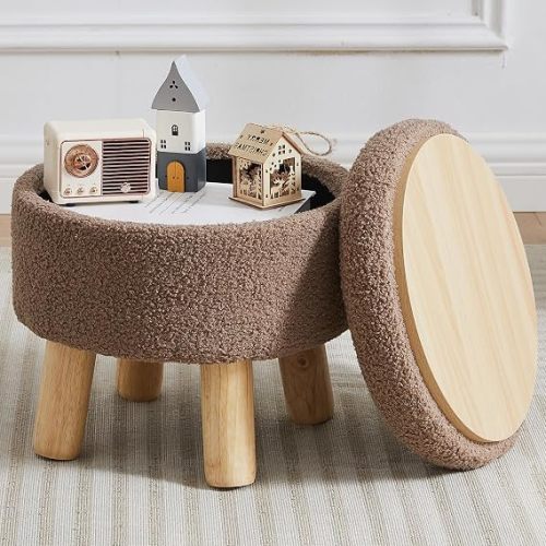 Small Foot Stool Ottoman with Storage, Sherpa Ottoman Foot Rest for Couch, Round Footstool with Storage, Small Ottomans and Footstools for Living Room and Entryway (Brown)